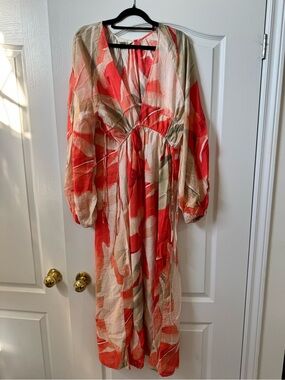 H&M Coral & Beige Abstract V-Neck Maxi Dress